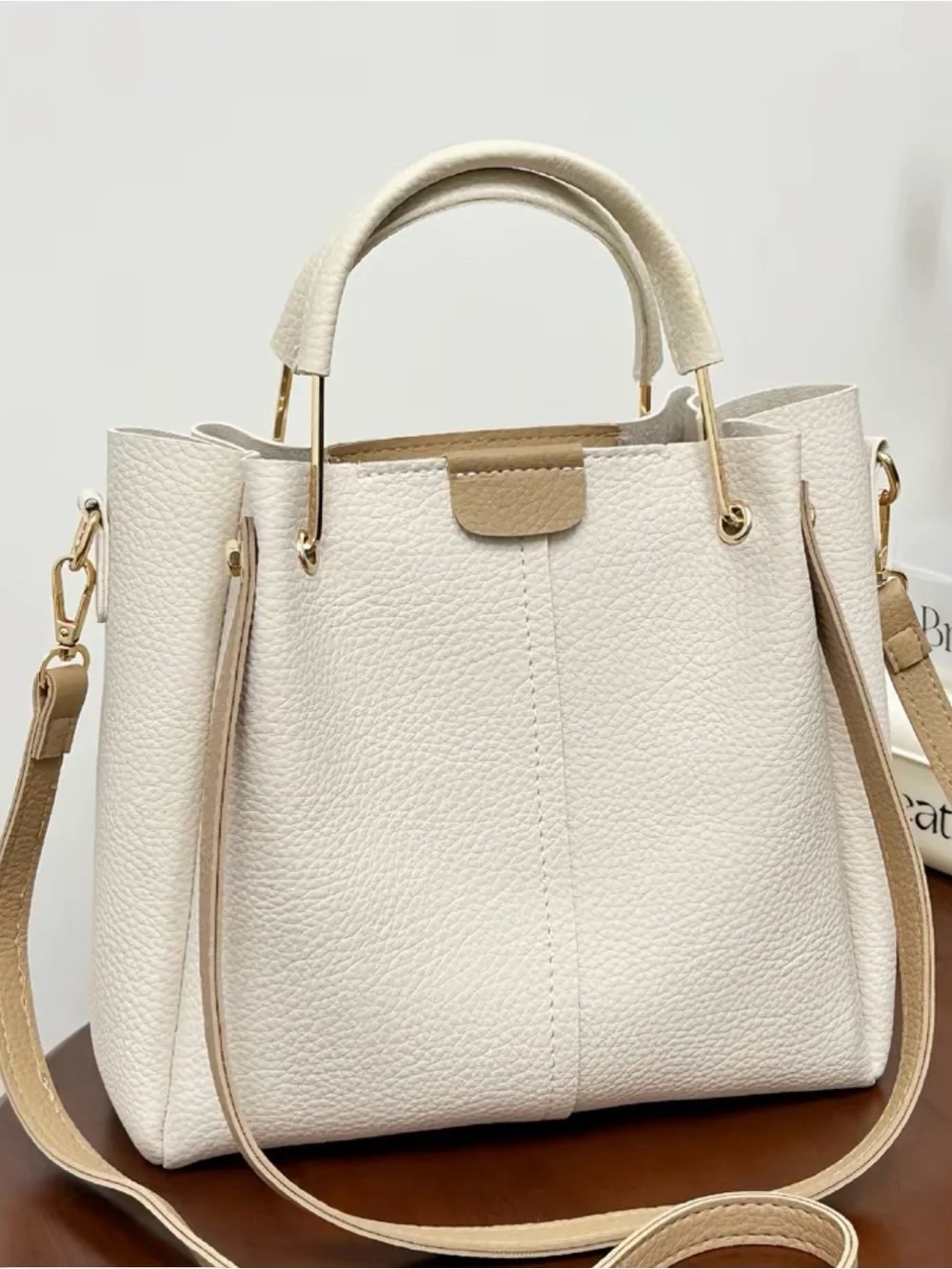 Cream Pebbled Tote Bag with Detachable Strap - Picture 4 of 4